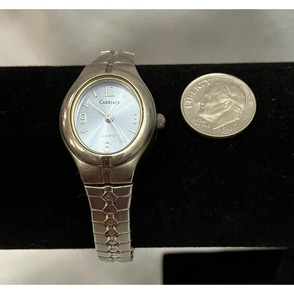 VTG Carriage Baby Blue Dial Oval Face Silver Tone Womens Watch New Battery Works